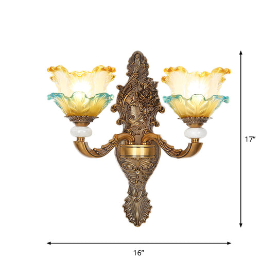 Traditional Brass Wall Sconce With Yellow And Blue Glass Accents Lettuce-Edge Mount Lamp 1/2-Head