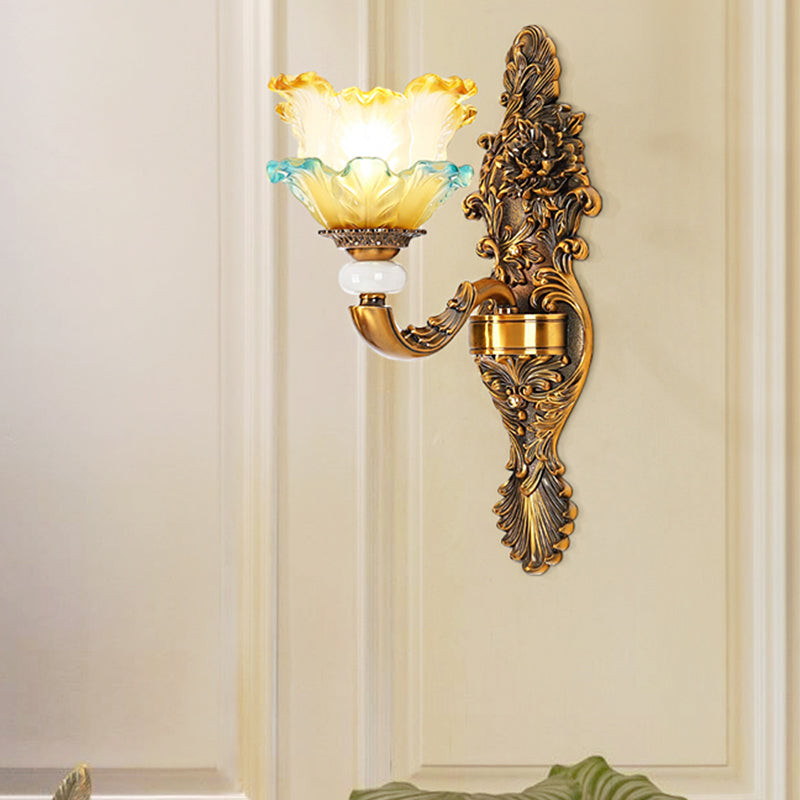 Traditional Brass Wall Sconce With Yellow And Blue Glass Accents Lettuce-Edge Mount Lamp 1/2-Head