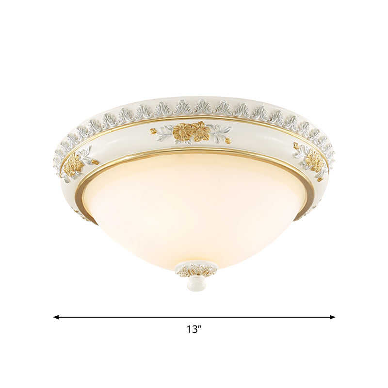 White Traditional Milk Glass Dome Ceiling Flushmount Lighting For Bedroom - 2/3 Heads
