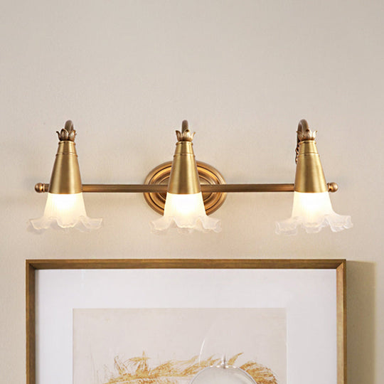 Traditional Gold Cone Vanity Lighting - White Glass 1/2/3-Head Bathroom Wall Lamp With Lettuce Trim