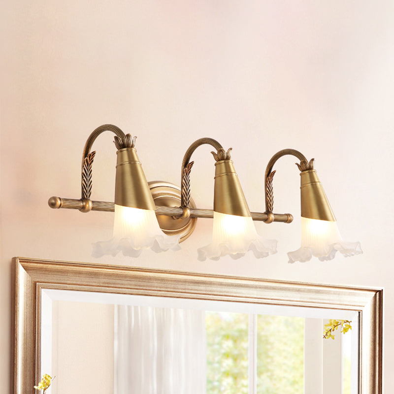 Traditional Gold Cone Vanity Lighting - White Glass 1/2/3-Head Bathroom Wall Lamp With Lettuce Trim