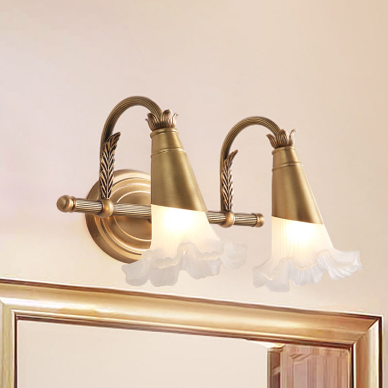 Traditional Gold Cone Vanity Lighting - White Glass 1/2/3-Head Bathroom Wall Lamp With Lettuce Trim