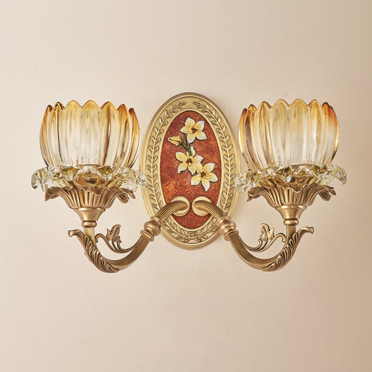 Lotus Ribbed Glass Wall Light Kit - Antique 1/2-Light Living Room Sconce In Gold