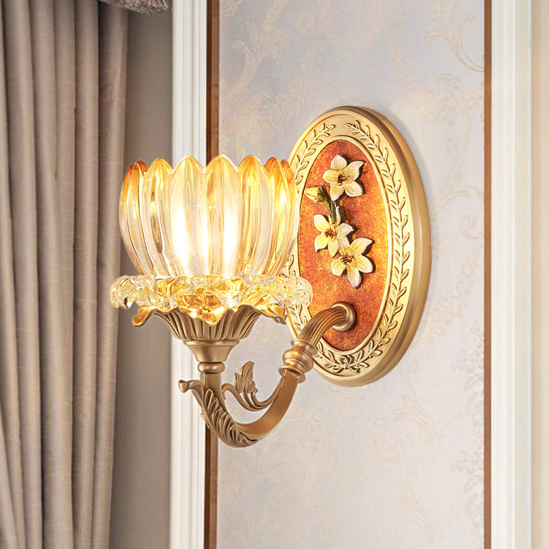 Lotus Ribbed Glass Wall Light Kit - Antique 1/2-Light Living Room Sconce In Gold