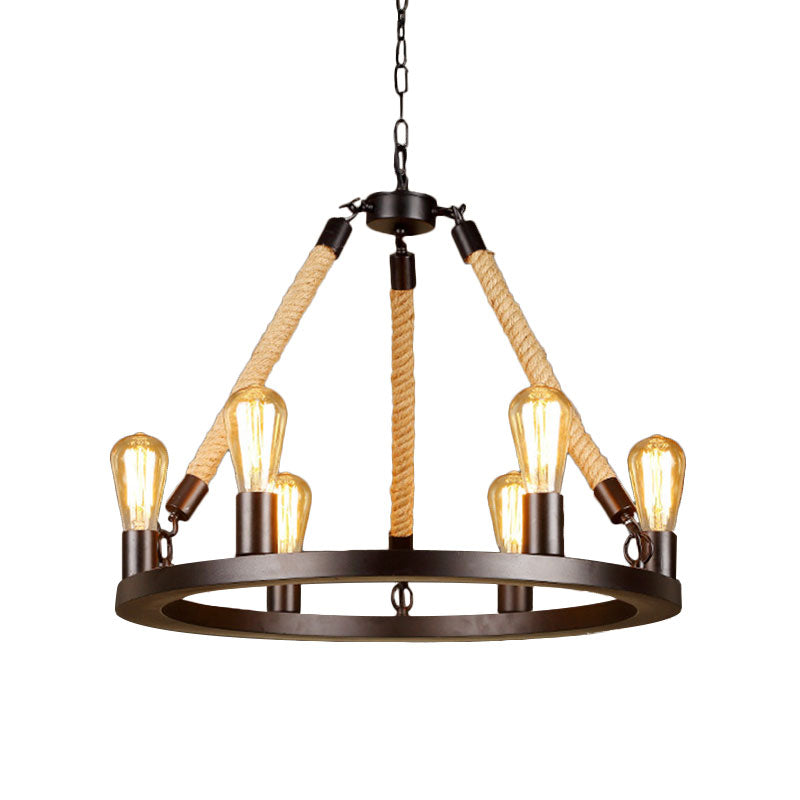 Vintage 6/8-Light Metallic Circular Hanging Lamp In Brown With Exposed Bulb & Rope Suspension For