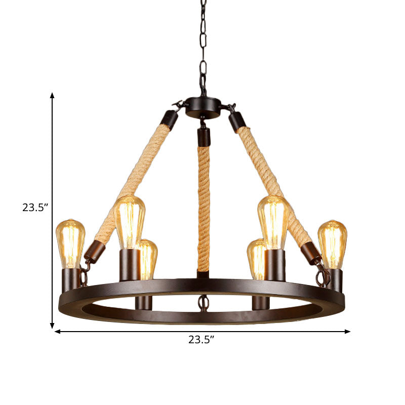 Vintage 6/8-Light Metallic Circular Hanging Lamp In Brown With Exposed Bulb & Rope Suspension For