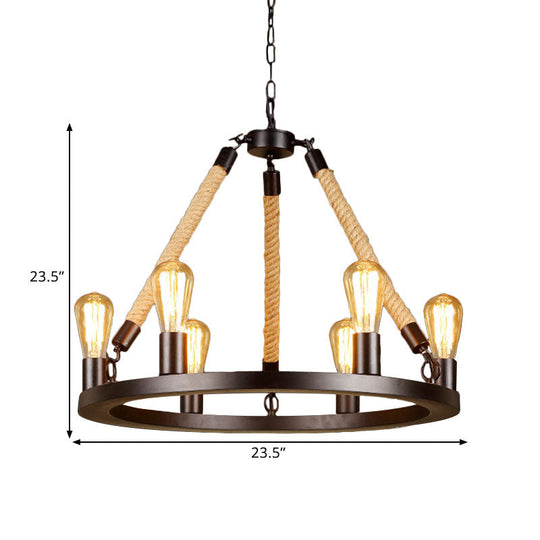 Vintage 6/8-Light Metallic Circular Hanging Lamp In Brown With Exposed Bulb & Rope Suspension For