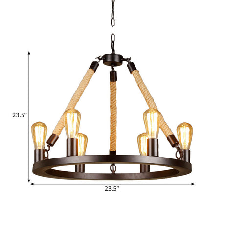 Vintage Circular Hanging Lamp: Metallic With Exposed Bulb Rope And 6/8 Lights For Dining Room