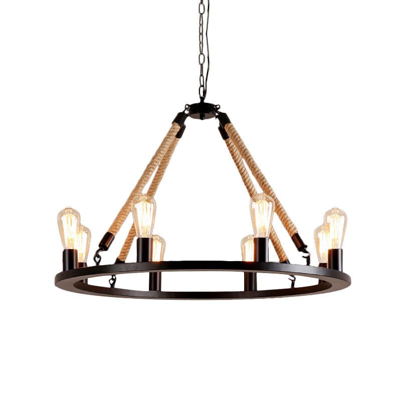 Vintage 6/8-Light Metallic Circular Hanging Lamp In Brown With Exposed Bulb & Rope Suspension For