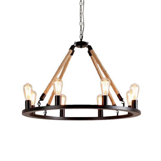 Vintage 6/8-Light Metallic Circular Hanging Lamp In Brown With Exposed Bulb & Rope Suspension For