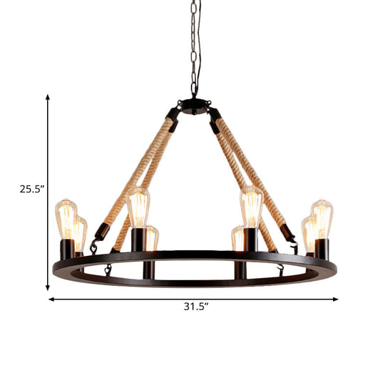 Vintage 6/8-Light Metallic Circular Hanging Lamp In Brown With Exposed Bulb & Rope Suspension For