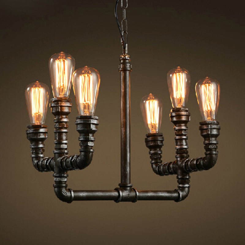 Vintage Industrial Metal Rust Chandelier Pendant Light - 6-Head Open Bulb Design With Hanging Pipe