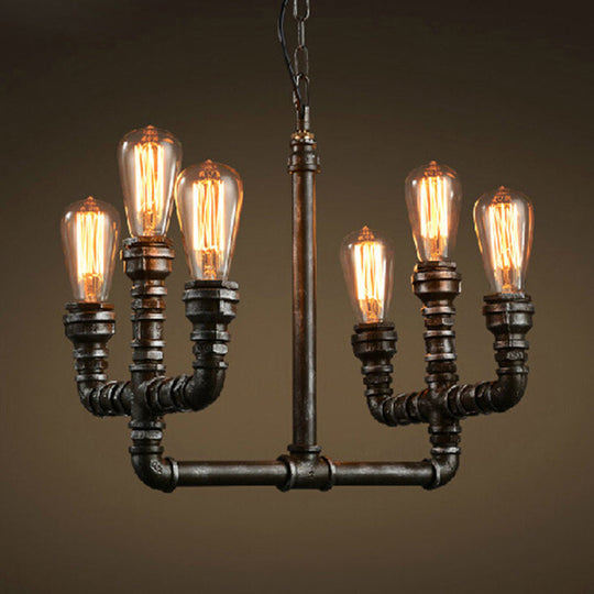 Vintage Industrial Rust Chandelier Pendant Light With 6 Open Bulbs And Pipe