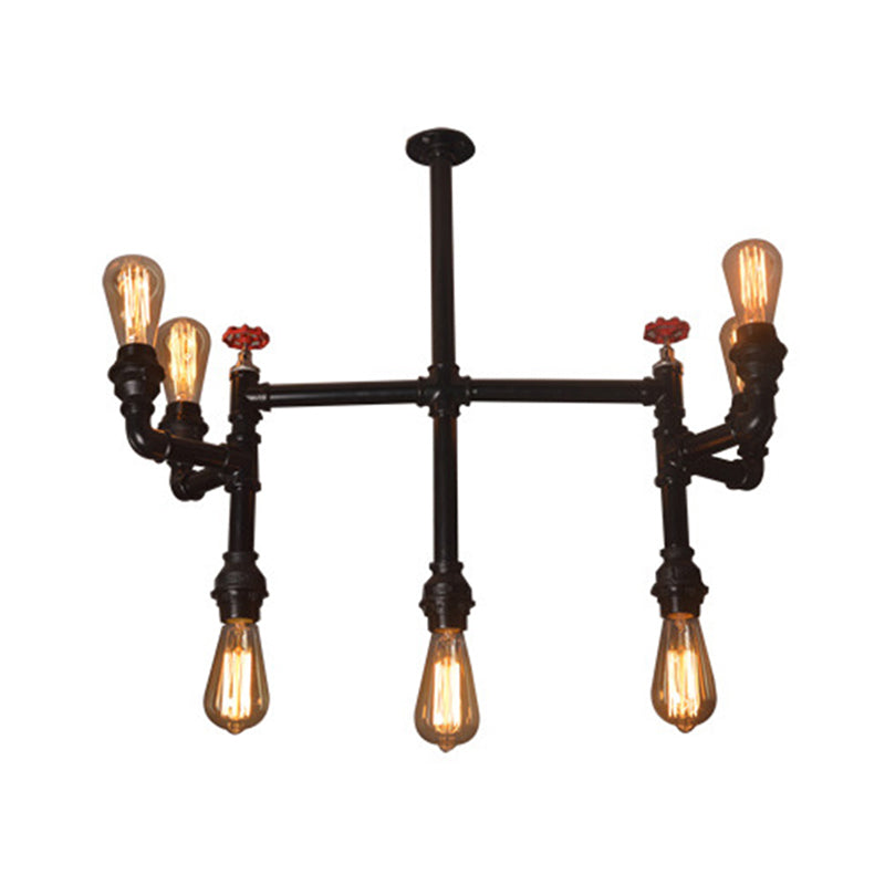 Antique Style Water Pipe Hanging Pendant Light With 7 Bulbs Metallic Chandelier Lighting - Black