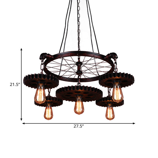 Farmhouse Style Rustic Chandelier Light With Exposed Bulbs - Gear Deco 3/5/7 Heads Ideal For Bars