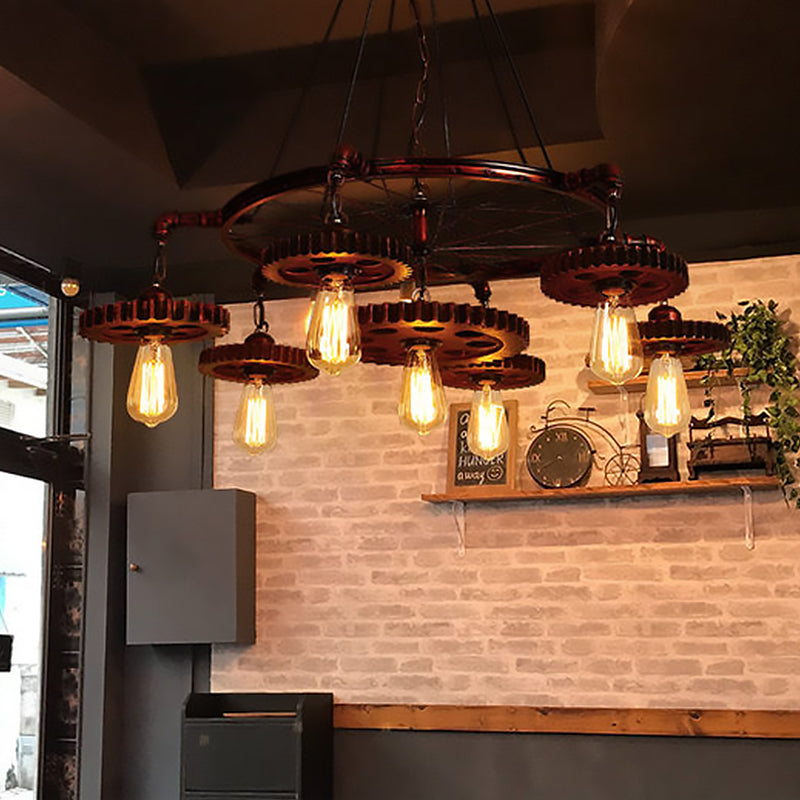 Farmhouse Style Rustic Chandelier Light With Exposed Bulbs - Gear Deco 3/5/7 Heads Ideal For Bars