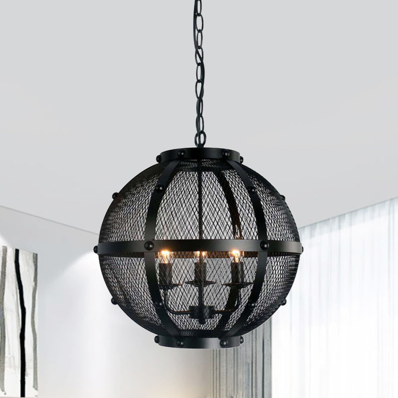 Retro Style Metal Hanging Pendant With Wire Mesh Shade - 3-Light Farmhouse Ceiling Fixture In Black