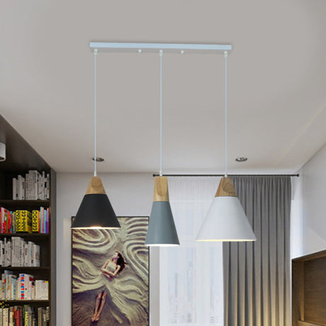 Nordic Style Pendant Lighting With 3 Multi-Colored Bulbs Metal And Wood Finish Tapered Design