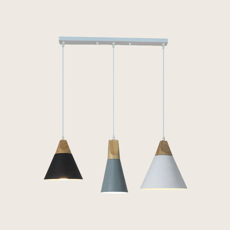 Nordic Style Pendant Lighting With 3 Multi-Colored Bulbs Metal And Wood Finish Tapered Design