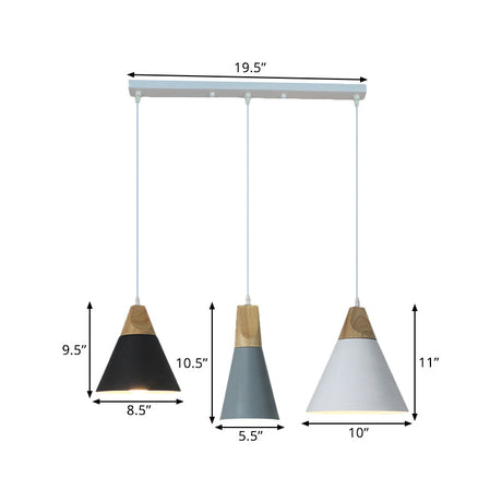 Nordic Style Pendant Lighting With 3 Multi-Colored Bulbs Metal And Wood Finish Tapered Design