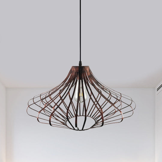 Country Style Wire Cage Pendant Lamp - Metal 1 Light Brass/Rust Ceiling Adjustable Cord Rust