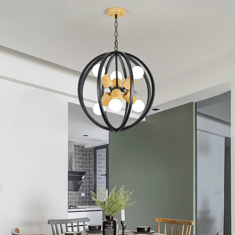 Spherical Antique Style Wrought Iron Ceiling Lamp With 6 Lights - Black/White Chandelier For Dining