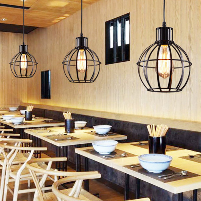 Globe Metal Hanging Pendant Lamp For Dining Room - Industrial Style Single Light Black Finish