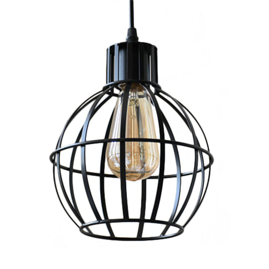 Globe Metal Hanging Pendant Lamp For Dining Room - Industrial Style Single Light Black Finish
