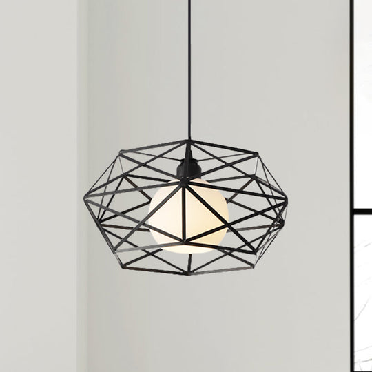 Geometric Metal Cage Pendant Light For Industrial Dining Rooms - Black/White Black