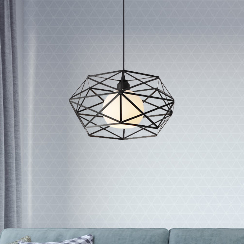 Geometric Metal Cage Pendant Light For Industrial Dining Rooms - Black/White