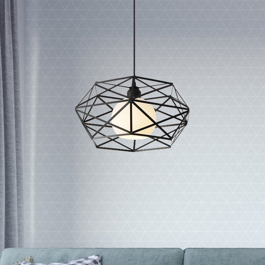 Geometric Metal Cage Pendant Light For Industrial Dining Rooms - Black/White