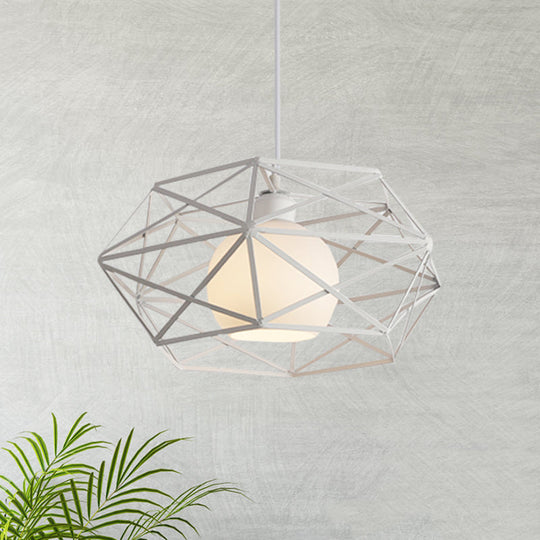 Geometric Metal Cage Pendant Light For Industrial Dining Rooms - Black/White White