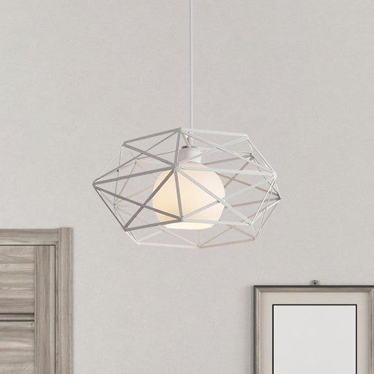 Geometric Metal Cage Pendant Light For Industrial Dining Rooms - Black/White