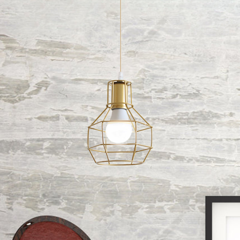 Gold Wire Cage Pendant Light - Retro Industrial Iron Hanging Lamp With Shade For Coffee Shop