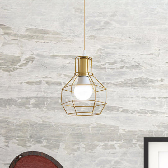 Gold Wire Cage Pendant Light - Retro Industrial Iron Hanging Lamp With Shade For Coffee Shop