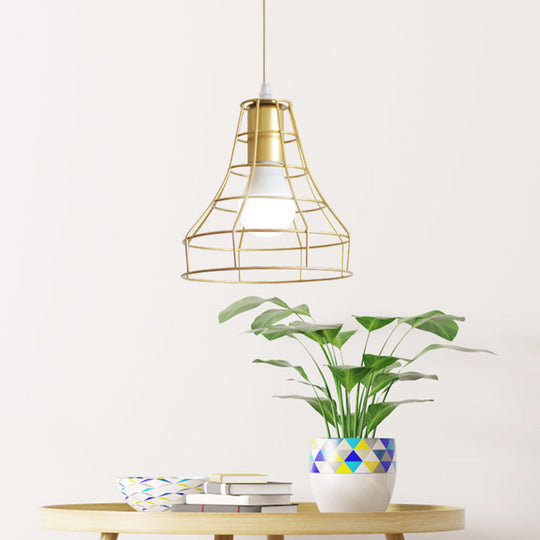 Gold Wire Cage Pendant Light - Retro Industrial Iron Hanging Lamp With Shade For Coffee Shop
