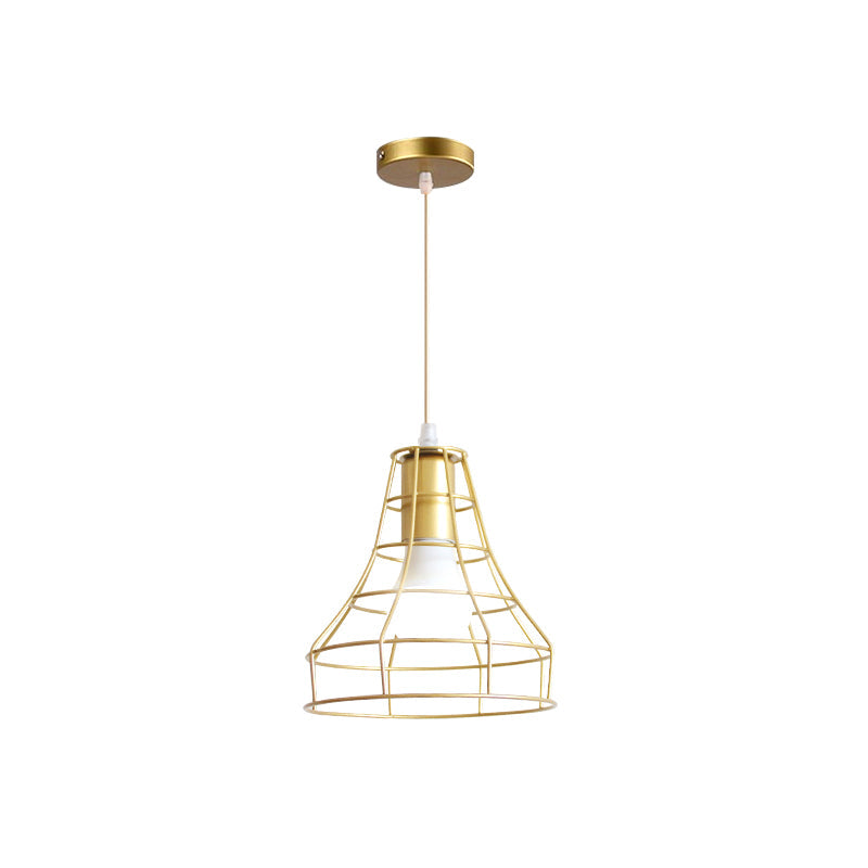 Gold Wire Cage Pendant Light - Retro Industrial Iron Hanging Lamp With Shade For Coffee Shop