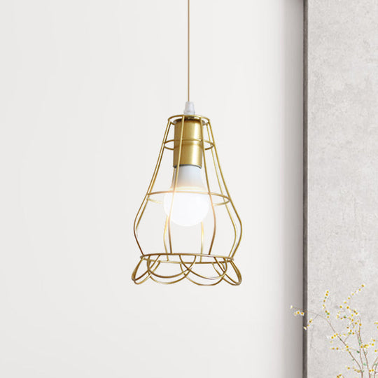 Gold Wire Cage Pendant Light - Retro Industrial Iron Hanging Lamp For Coffee Shop / C