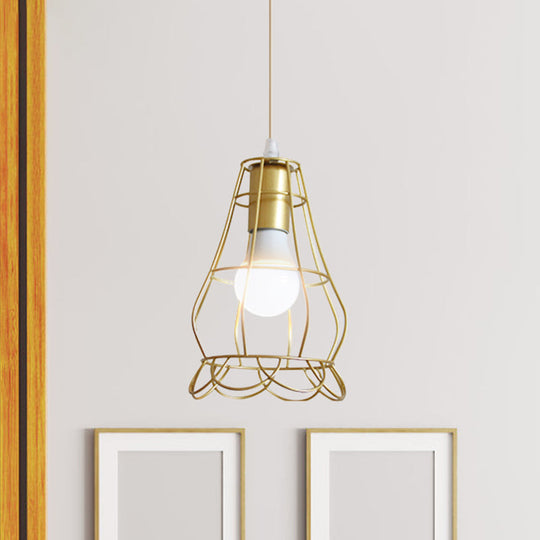 Gold Wire Cage Pendant Light - Retro Industrial Iron Hanging Lamp With Shade For Coffee Shop