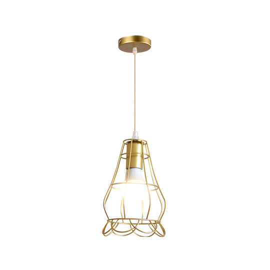Gold Wire Cage Pendant Light - Retro Industrial Iron Hanging Lamp For Coffee Shop