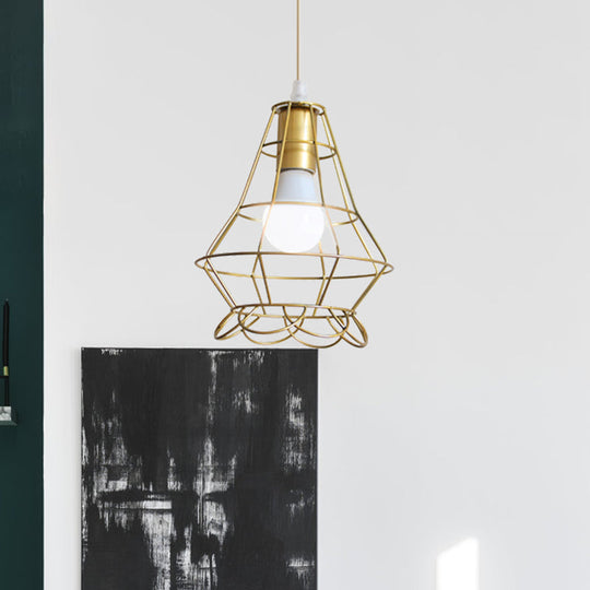 Gold Wire Cage Pendant Light - Retro Industrial Iron Hanging Lamp For Coffee Shop