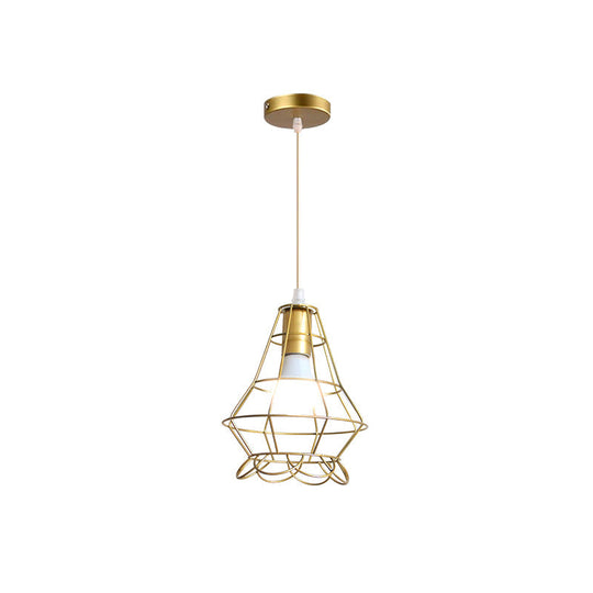 Gold Wire Cage Pendant Light - Retro Industrial Iron Hanging Lamp With Shade For Coffee Shop