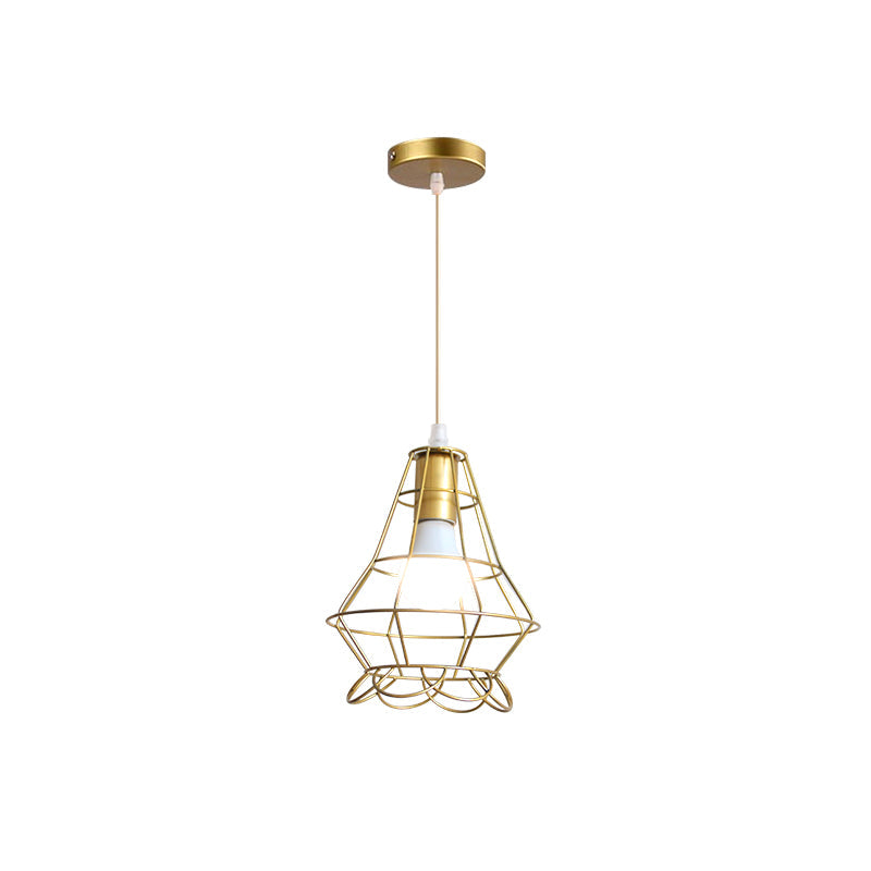 Gold Wire Cage Pendant Light - Retro Industrial Iron Hanging Lamp For Coffee Shop