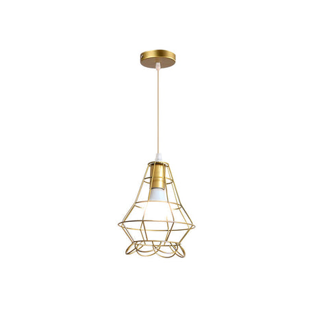 Gold Wire Cage Pendant Light - Retro Industrial Iron Hanging Lamp For Coffee Shop