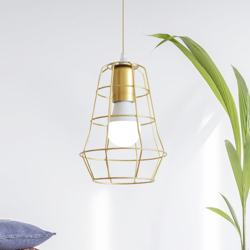 Gold Wire Cage Pendant Light - Retro Industrial Iron Hanging Lamp With Shade For Coffee Shop / E