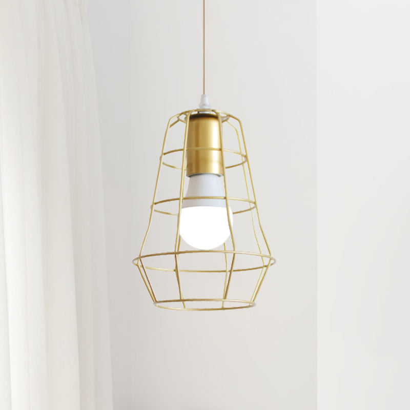 Gold Wire Cage Pendant Light - Retro Industrial Iron Hanging Lamp With Shade For Coffee Shop