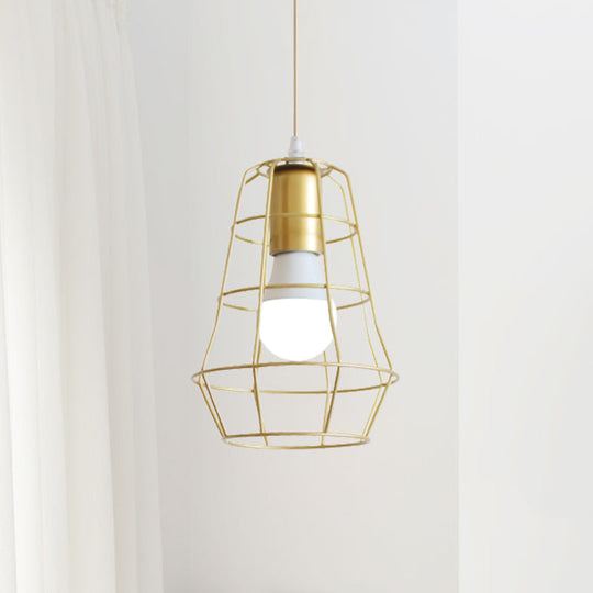 Gold Wire Cage Pendant Light - Retro Industrial Iron Hanging Lamp With Shade For Coffee Shop