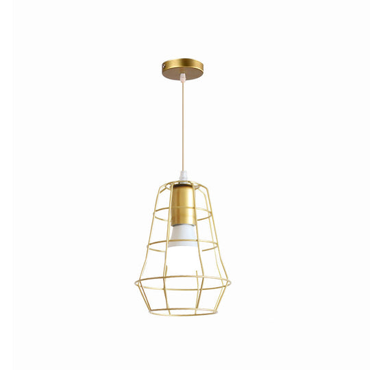 Gold Wire Cage Pendant Light - Retro Industrial Iron Hanging Lamp With Shade For Coffee Shop