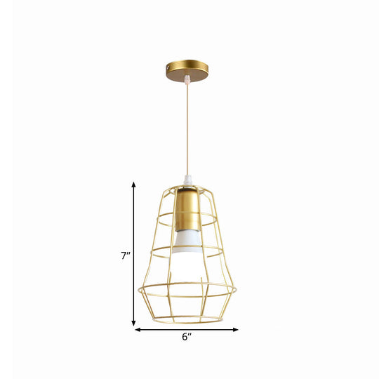 Gold Wire Cage Pendant Light - Retro Industrial Iron Hanging Lamp With Shade For Coffee Shop