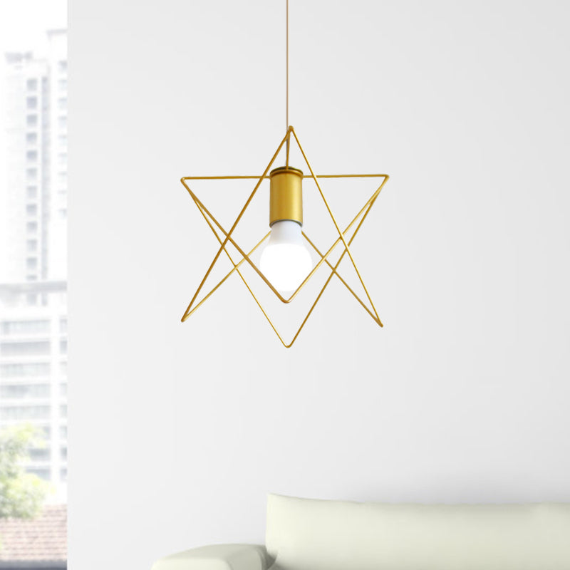 Gold Metal Pendant Light With Globe/Hexagon Cage Shade For Dining Room